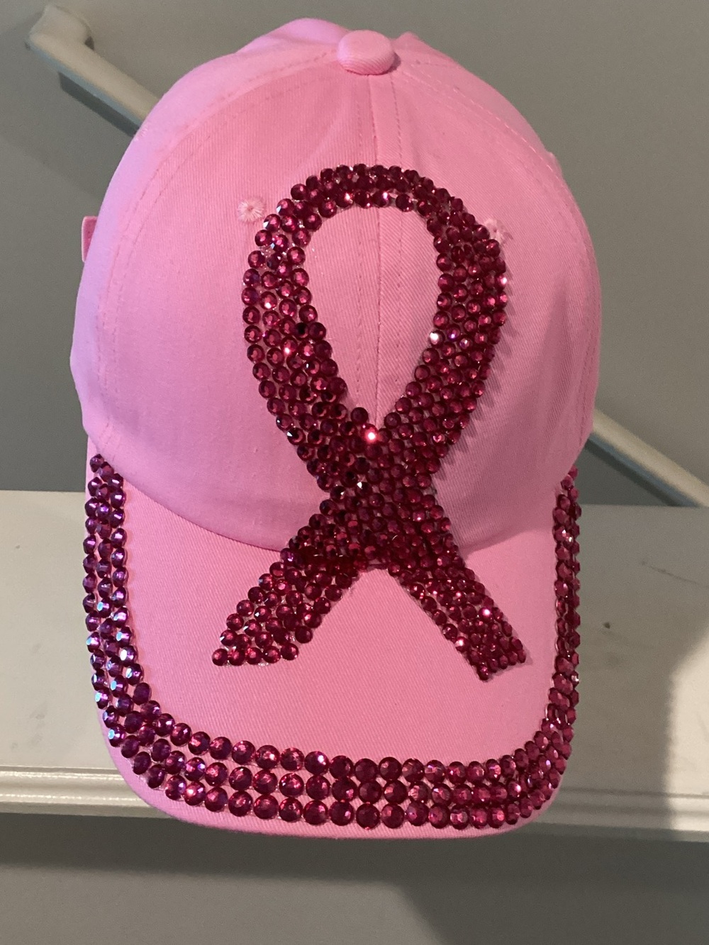 Pink Crystal Ribbon Baseball Cap - Breast Cancer Support Awareness